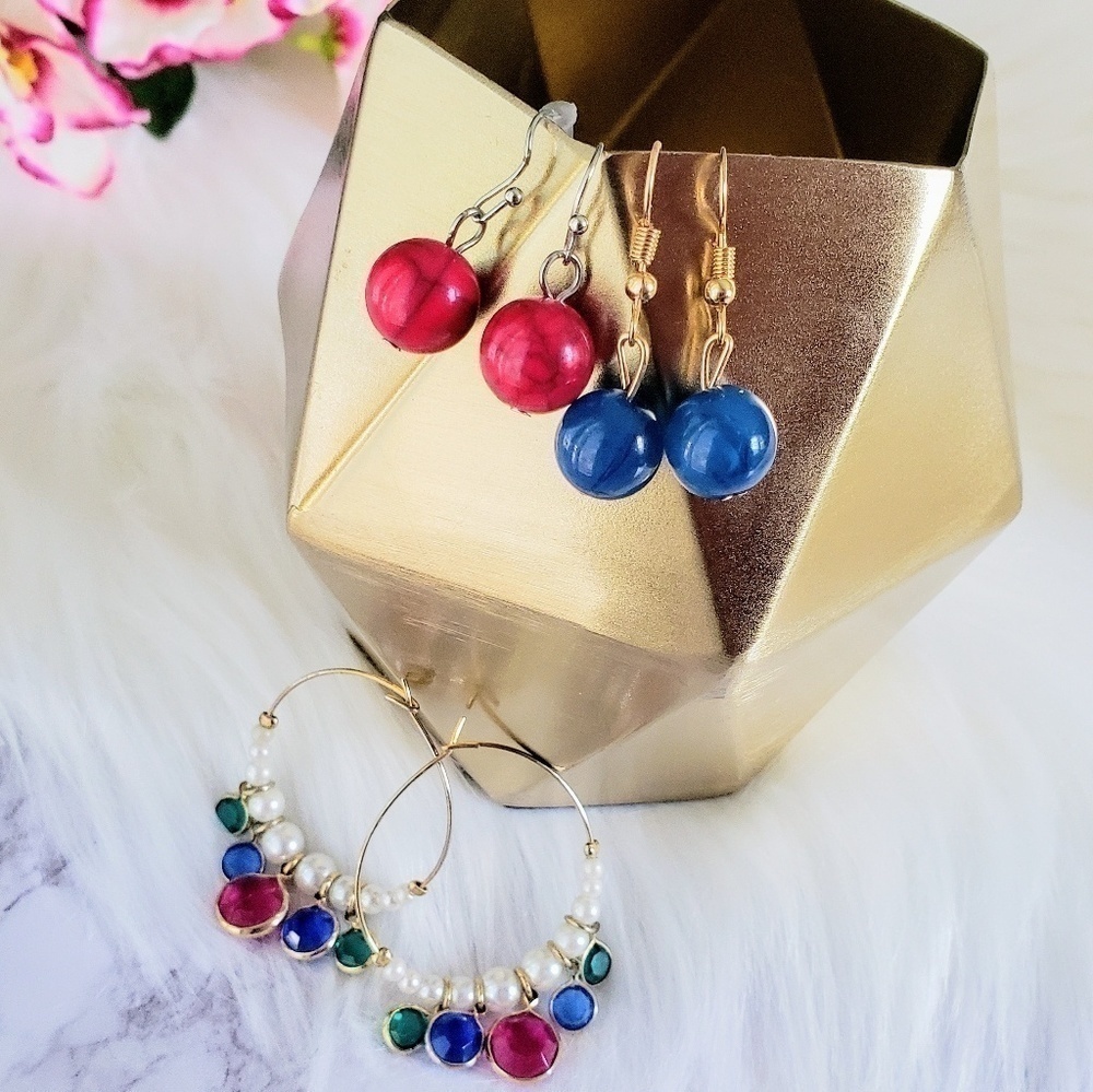 Bundle of 3 earring sets. Pink blue gold & pearl 90s Y2K